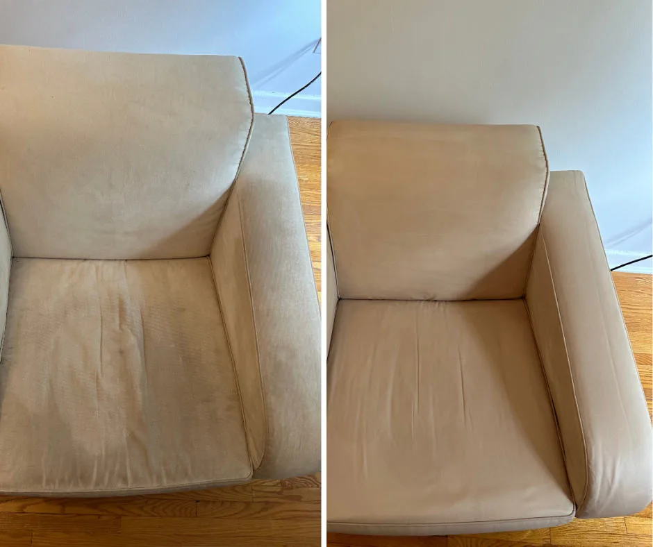 Before and after results of a DIY upholstery cleaning attempt on a beige armchair in a Toronto home.