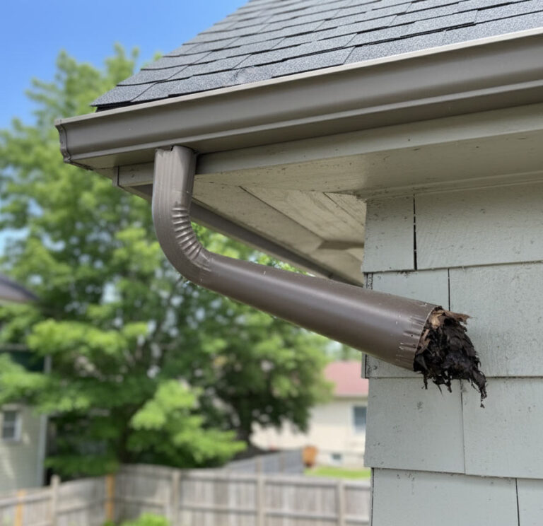 Clogged gutter downspout filled with debris on a Toronto home