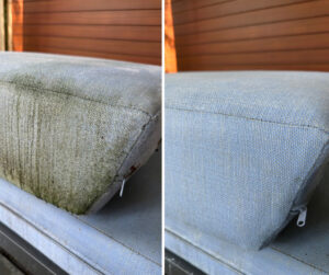 Sofa cushion showing severe mold damage on the left and a professionally restored surface on the right, illustrating the risks of DIY furniture cleaning.