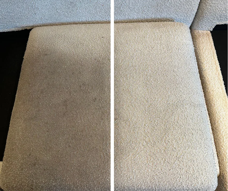 Before and after results of upholstery cleaning on a beige sofa seat cushion showing how DIY cleaning fails to remove deep stains.