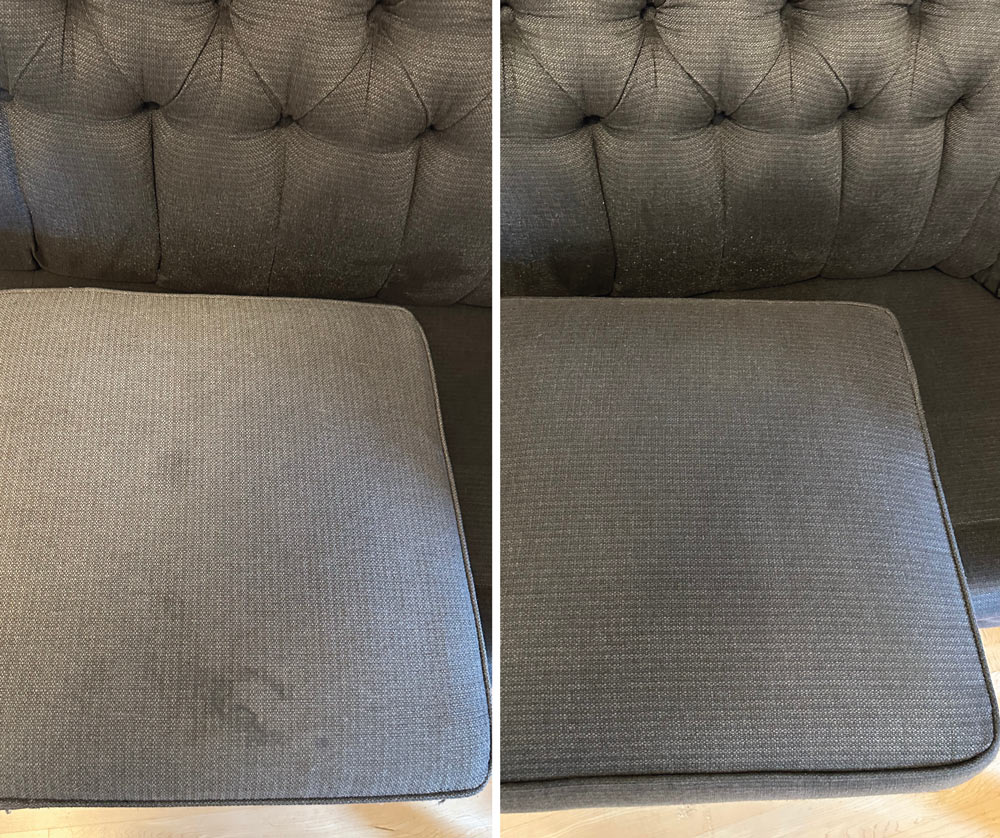 Before-and-after comparison of a dark fabric couch cushion showing DIY cleaning results versus a professionally cleaned surface with restored texture and color.