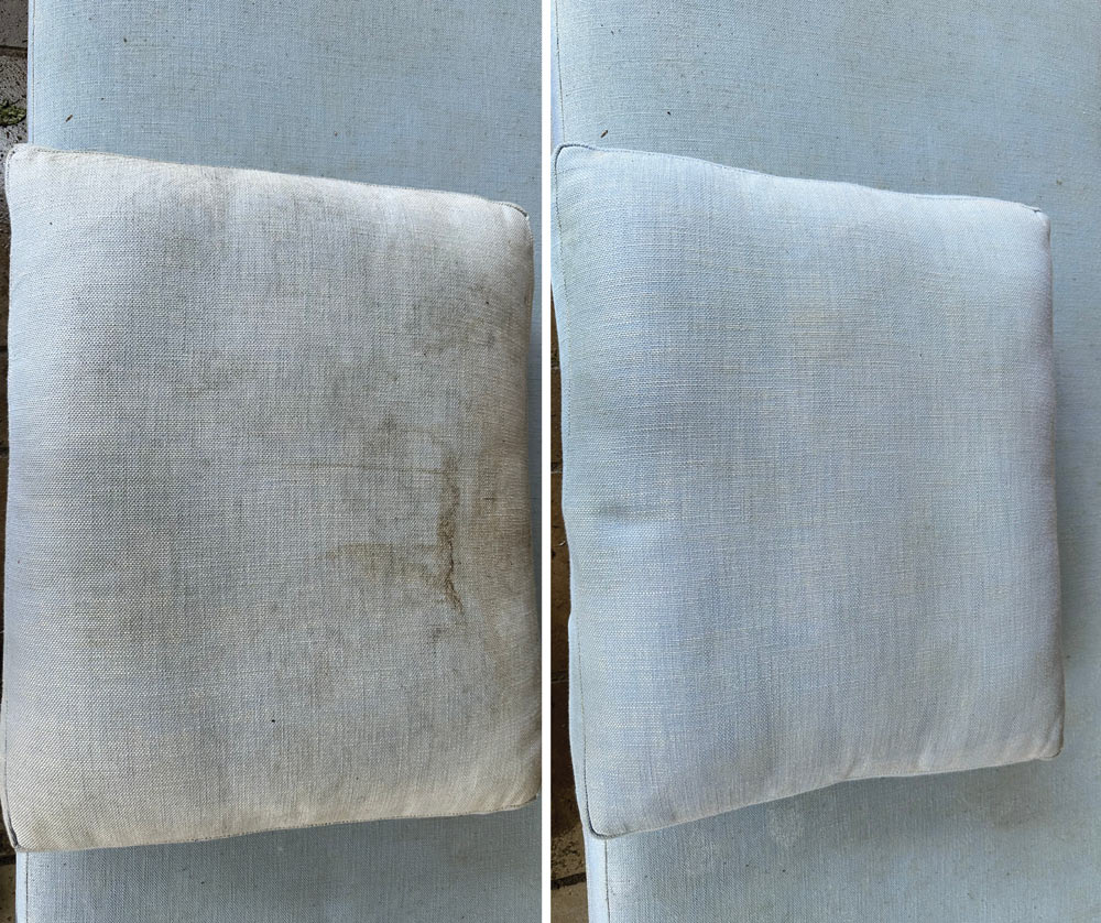 Side-by-side comparison of a stained DIY-cleaned cushion and the same cushion professionally cleaned, demonstrating the performance gap between home tools and professional equipment.