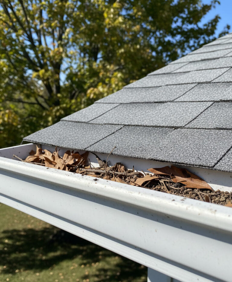 Clogged gutter filled with dry leaves and debris on a residential roof