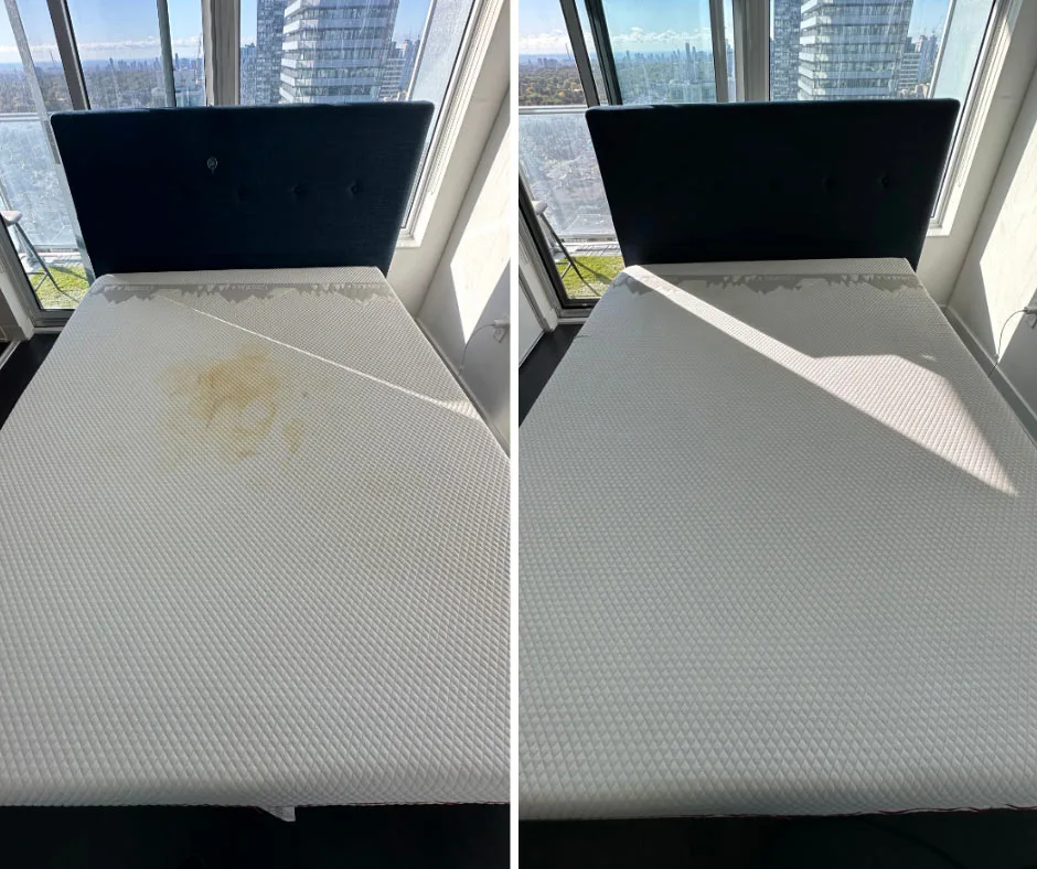 Before and after professional mattress cleaning showing removal of yellow bodily fluid stain that DIY methods cannot eliminate.