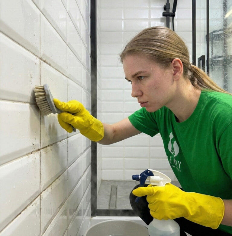 Professional cleaner scrubbing shower grout and tile during Toronto deep cleaning