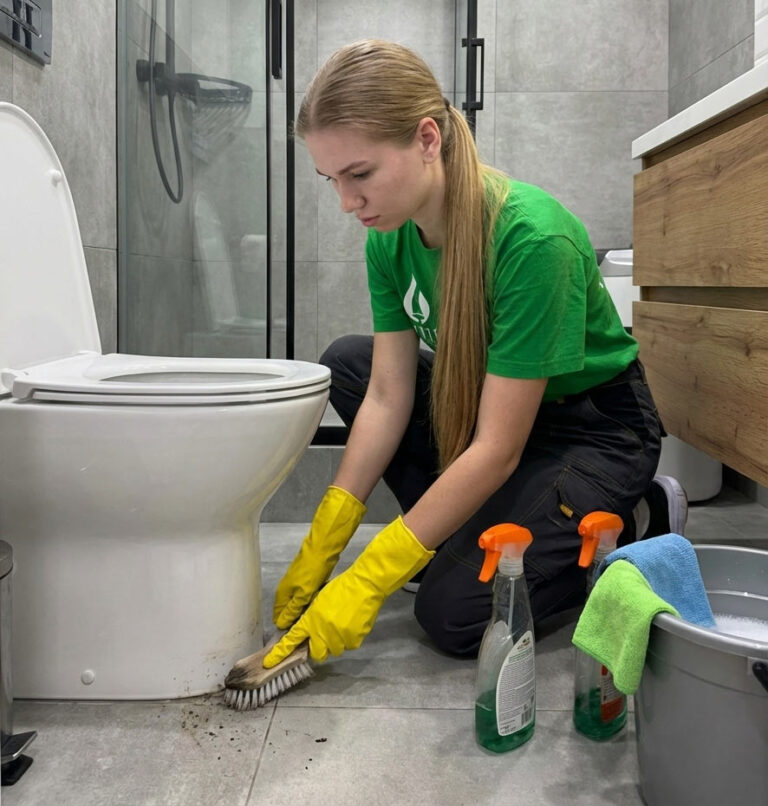 Zenvy technician deep cleaning bathroom floor and toilet base in Toronto home