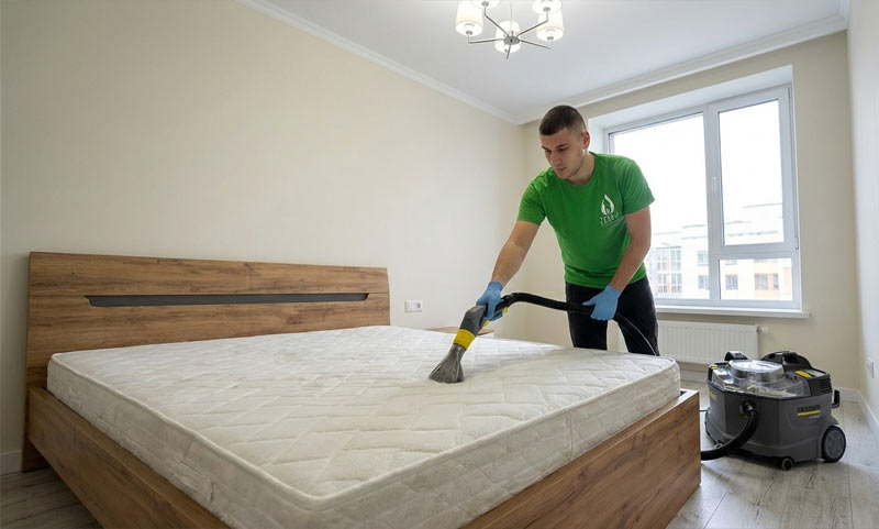 Professional mattress vacuuming during deep house cleaning in Toronto bedroom