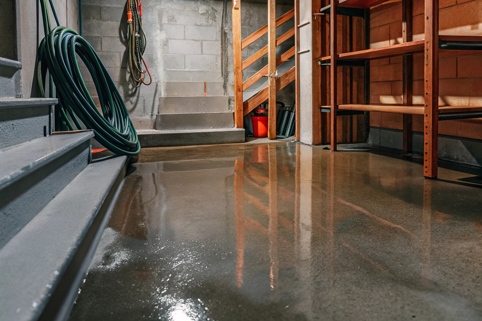 Clean basement after heavy duty cleaning with sanitized concrete floors and storage areas in Toronto