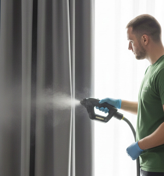 On-site curtain cleaning in Toronto: technician applying steam treatment to refresh and deodorize heavy drapes.
