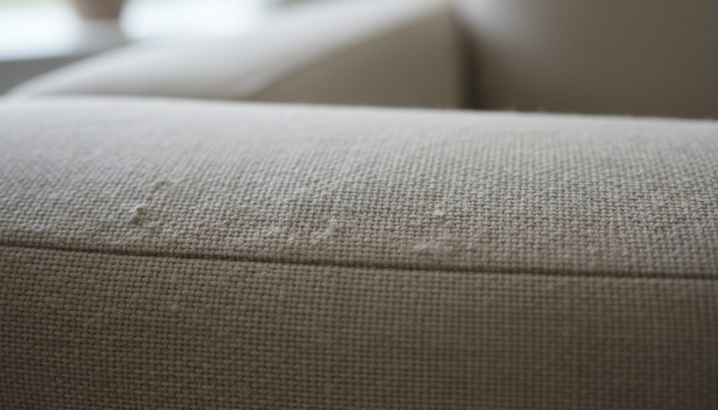 Close-up of upholstery fabric showing embedded dirt and wear from regular use