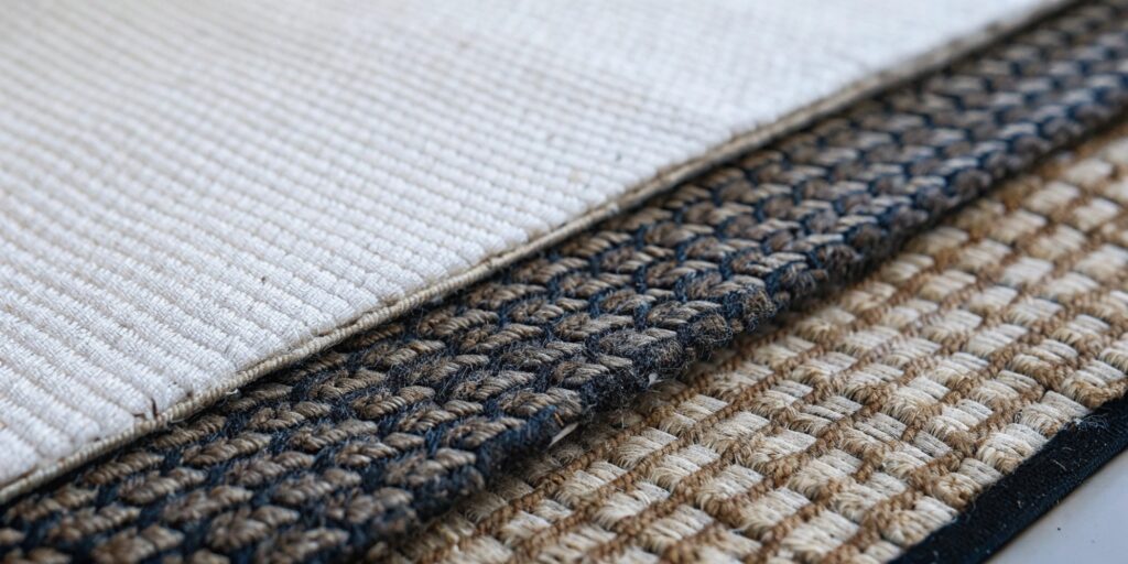 Close-up of carpet fibers showing multiple stain types embedded in the pile