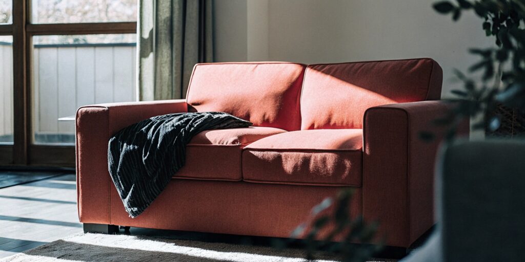 Clean and refreshed upholstered sofa with even fabric texture in a calm, well-lit living room after professional cleaning