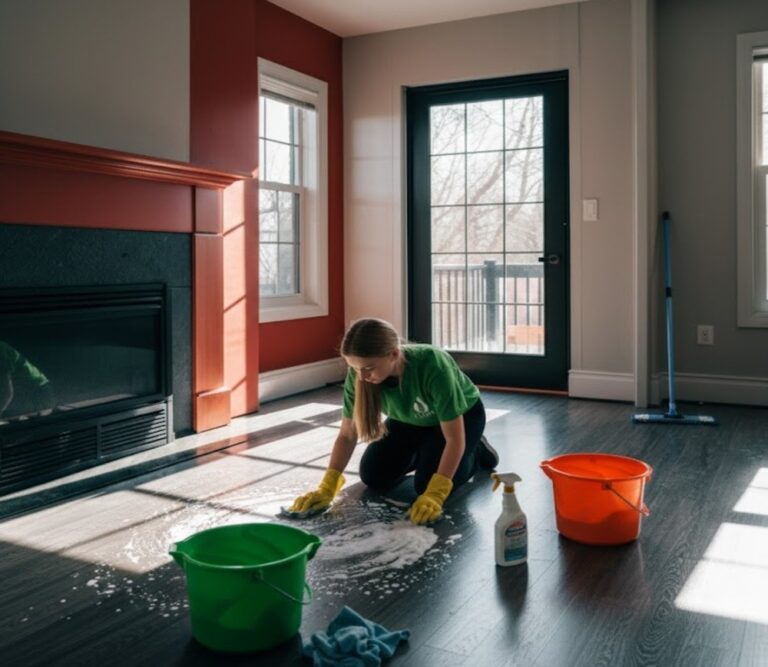 Cleaner scrubbing hardwood floors during heavy duty deep cleaning in a Toronto home, with buckets and cleaning supplies.