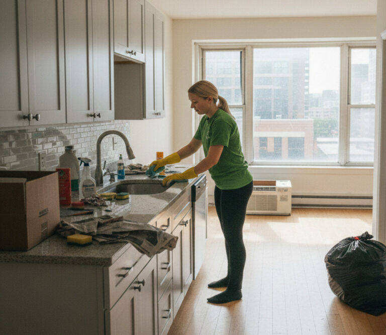 Turnover cleaning for a Toronto condo: cleaner sanitizing kitchen surfaces before move-in or after move-out.