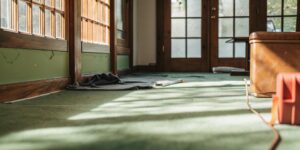 Worn carpet in a Toronto living room showing normal wear and tear