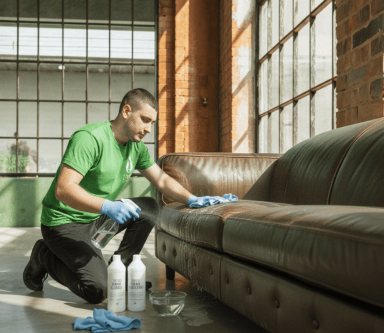 Technician cleaning and conditioning a leather sofa with professional products during upholstery cleaning in Toronto.
