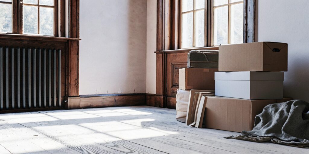 Moving boxes in a Toronto rental apartment revealing signs of previous tenants