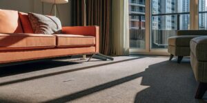 Light carpet in a Toronto living room with a faint stain reappearing after cleaning