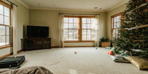 Carpeted living room after a holiday celebration with decorations and clutter on the floor