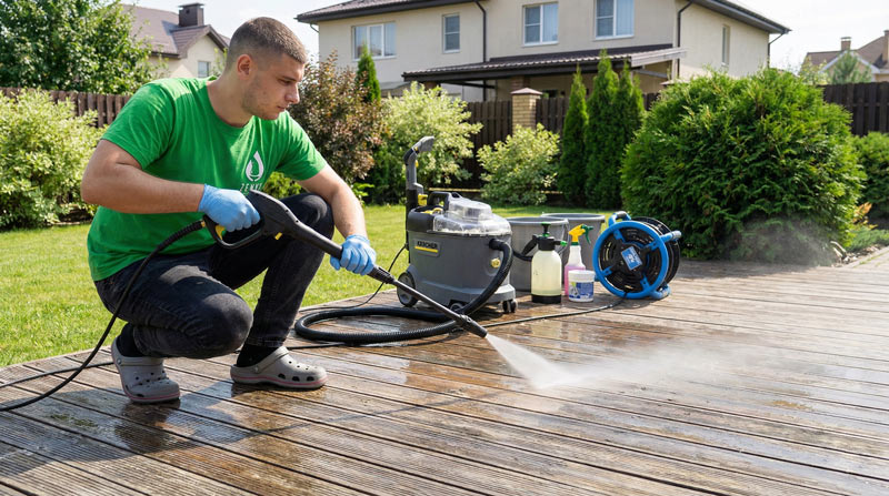 Professional deck power washing service removing mold and grime from wooden deck in Toronto