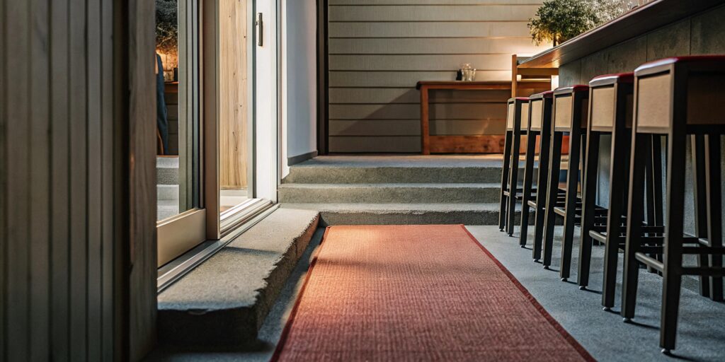 Home entryway with a protective runner to reduce carpet damage during gatherings