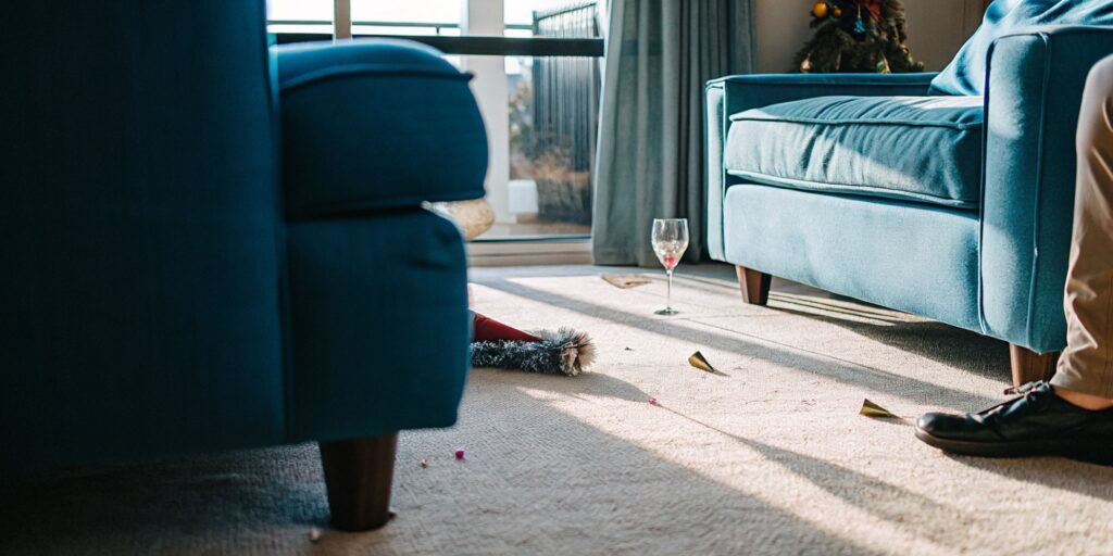 Living room carpet during a holiday party with a wine glass and small mess on the floor
