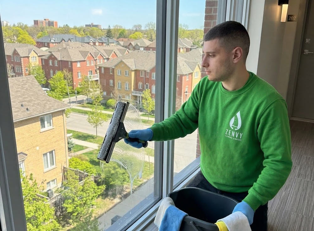 Zenvy technician cleaning large condo window with squeegee, Toronto residential neighbourhood in background