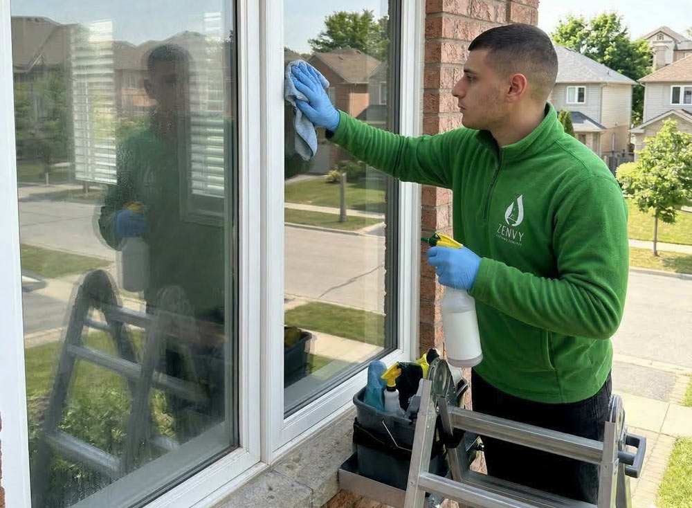 Zenvy cleaner removing hard water stains from exterior window using microfiber cloth and spray solution