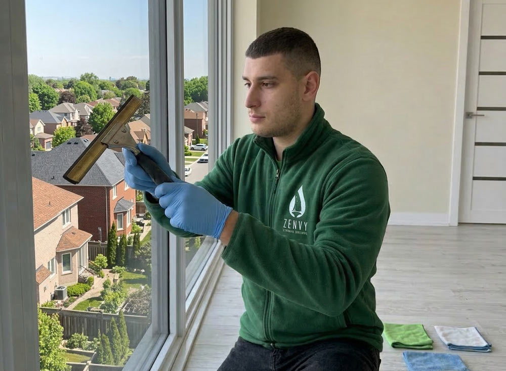 Zenvy cleaner using squeegee on interior window of newly built Toronto home during post-construction clean