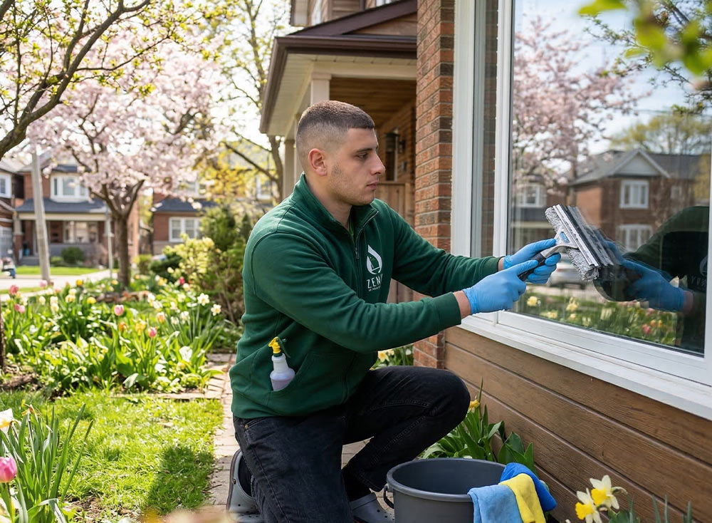 Zenvy technician cleaning first-floor exterior window of Toronto brick house in spring