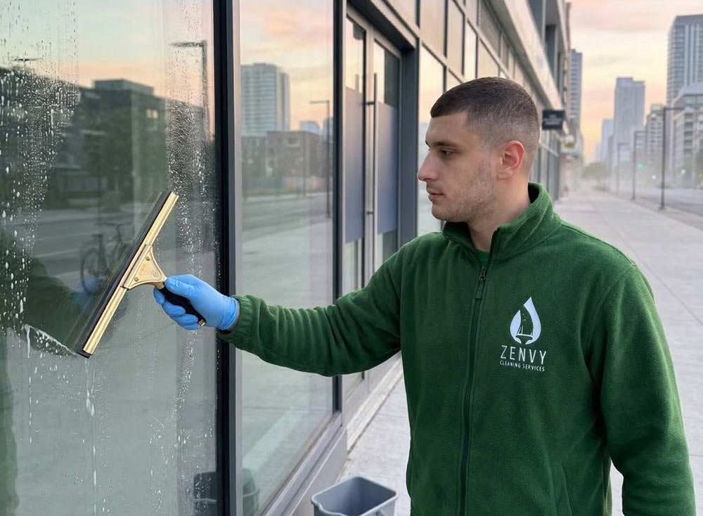 Zenvy technician washing commercial storefront glass with squeegee in downtown Toronto at sunrise