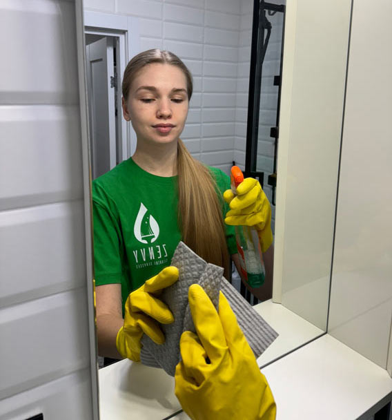 Zenvy technician cleaning a bathroom mirror with a spray bottle and microfiber cloth - bathroom deep cleaning service in Toronto and GTA