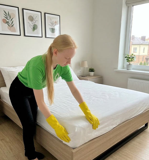 Zenvy technician smoothing and making a bed with fresh white linens in a residential bedroom - bed making included in regular maid service across GTA