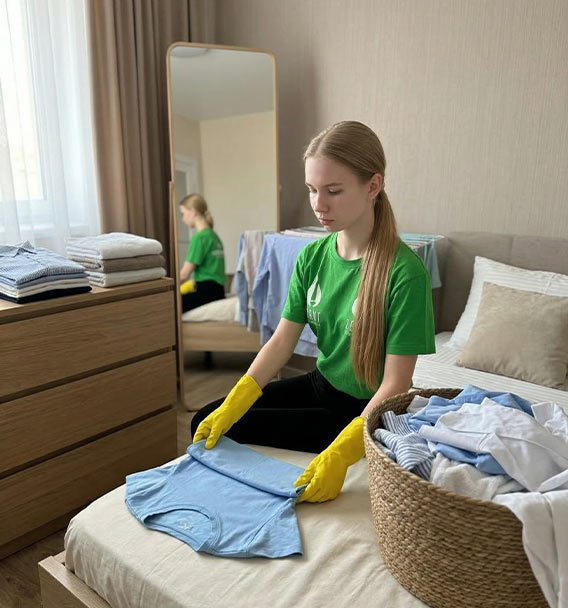 Zenvy technician folding laundry on a bed in a residential bedroom - home organization and maid service available in GTA