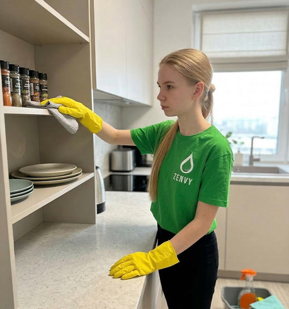 Zenvy professional wiping kitchen open shelves and spice rack with a cloth - thorough kitchen cleaning as part of recurring house cleaning service in GTA